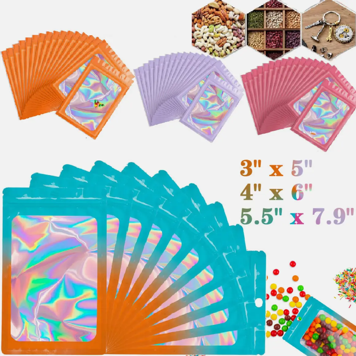 100 Holographic Mylar Foil Bags Smell Proof Resealable Zip Sealing Pouches 3" x 5" 4" x 6" 5.5" x 7.9" Organiser