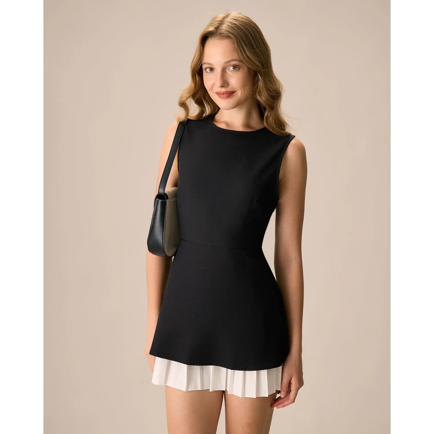 RIHOAS Women's Skater Dress - Sleeveless Spliced Polyester Pleated A-Line Mini, Zipper Front, Stain-Resistant for Business Office & Going Out Wear, Corporate Office Wear, Skater Cut, Lady, Elegant, Workwear, Piece, Basic