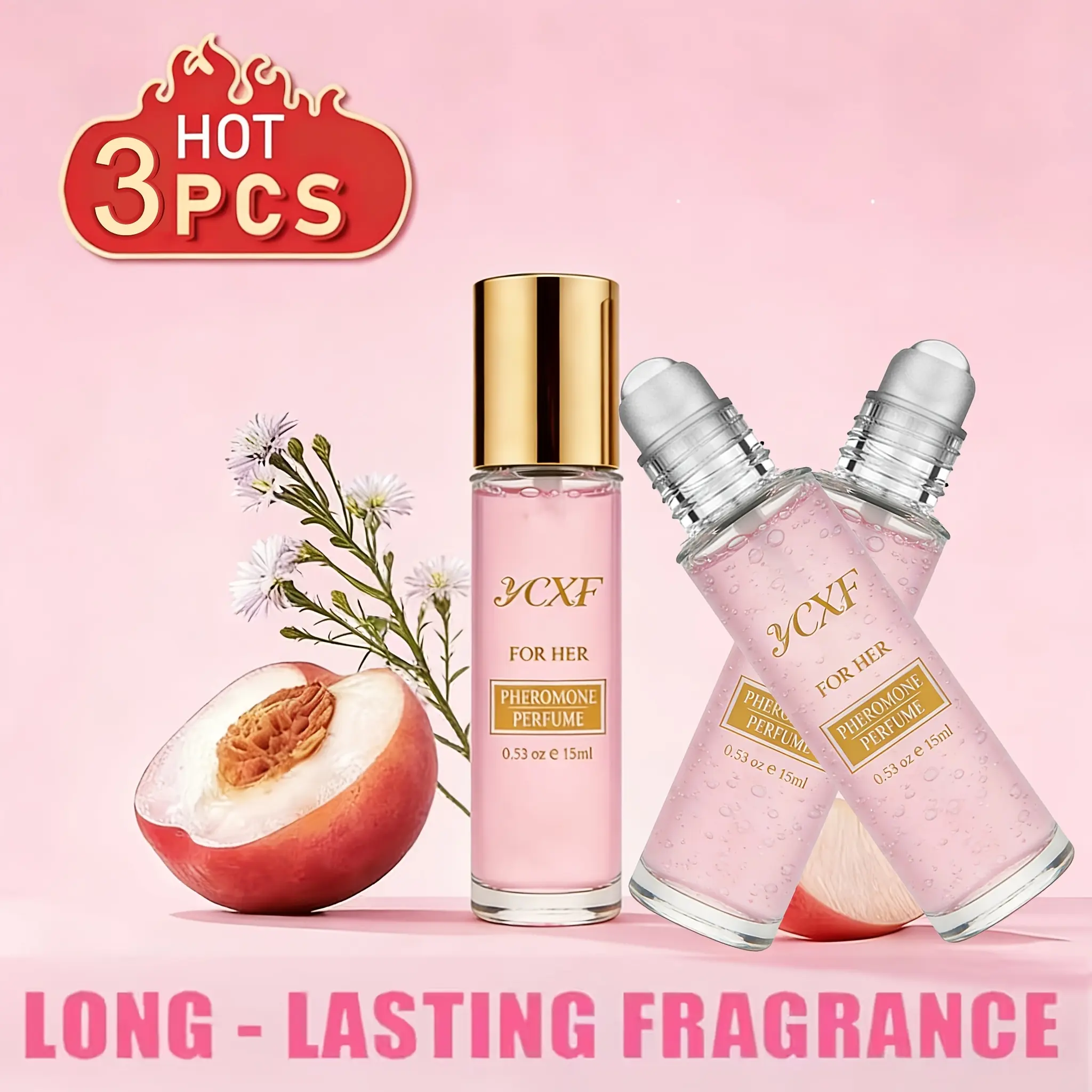 Women's Pheromones Roll-On Beauty Perfume Oil, 3-Pack 0.34 oz Aromatic Floral Fruity Scent, Portable Mini Daily Use Fragrance, Floral Fruit Scented, Fruity Floral