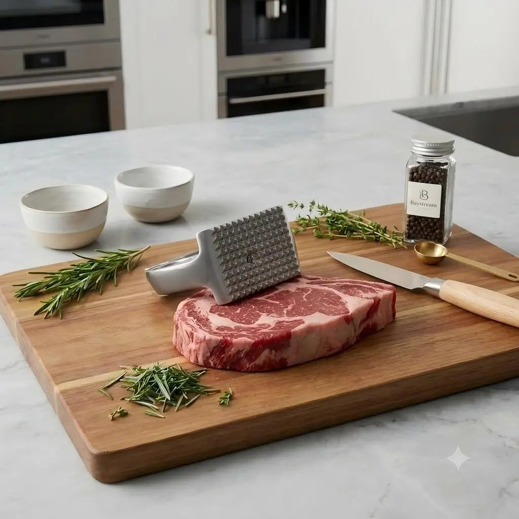 Meat Tenderizer Mallet - 1pc Heavy-Duty 1-Piece Die-Cast Metallic Kitchenware, Ergonomic Smooth Handle Cooking Utensil with Pyramid Teeth for Home Steak Prep