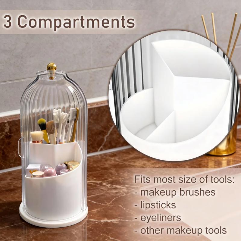 Dustproof Toothbrush Holders with Cover,Storage Bucket Organizers with Transparent Door Lid,360° Rotating Clearance Makeup Organizer for Vanity Bathroom Desktop Countertop Storage,Spinning Makeup Brush Holder Boxes,White&Grey,Multi-functional Storage