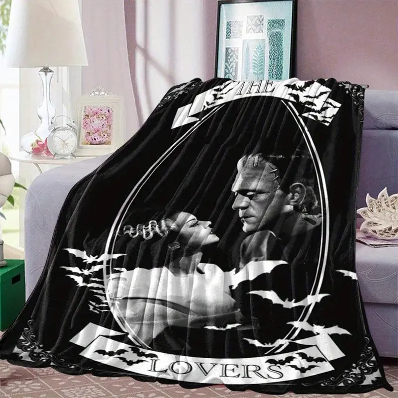 1 Frankenstein Monster and Bride Horror Print Blanket - Soft and Warm All-Season Blanket for Bed, Sofa, Camping and Travel - Retro Horror Movie Design with Bats and Full Moon - Ideal Halloween Gift for Horror Fans limited  stock boyfriend gift tiktokshops