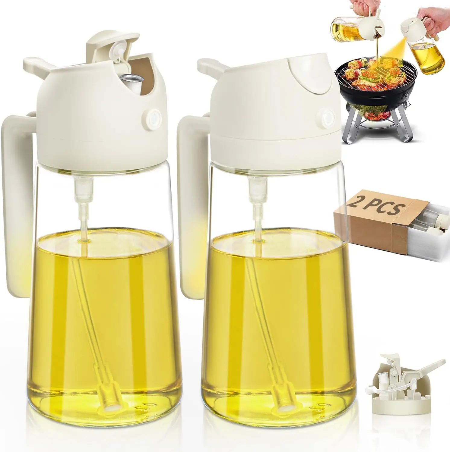 16oz/470ml Food Grade Transparent Glass Olive Oil Sprayer Bottle, 2-in-1 Refillable Wide Mouth Mess-Free No-Drip Oil Dispenser with Nozzle, Kitchen Utensil for Salad, Frying, Mess-Free Oil Dispensers