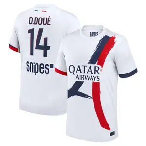 White Color PSG D. Doue Away Short Sleeve Jersey, PSG White D. Doue 142025 Away Soccer Jersey