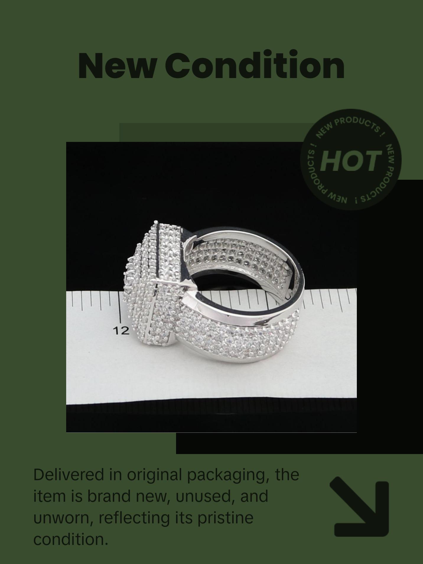 King Of Bling's 925 Silver White 8.50ct Cubic Zirconia Wide Square Fancy Unisex Ring Size 8