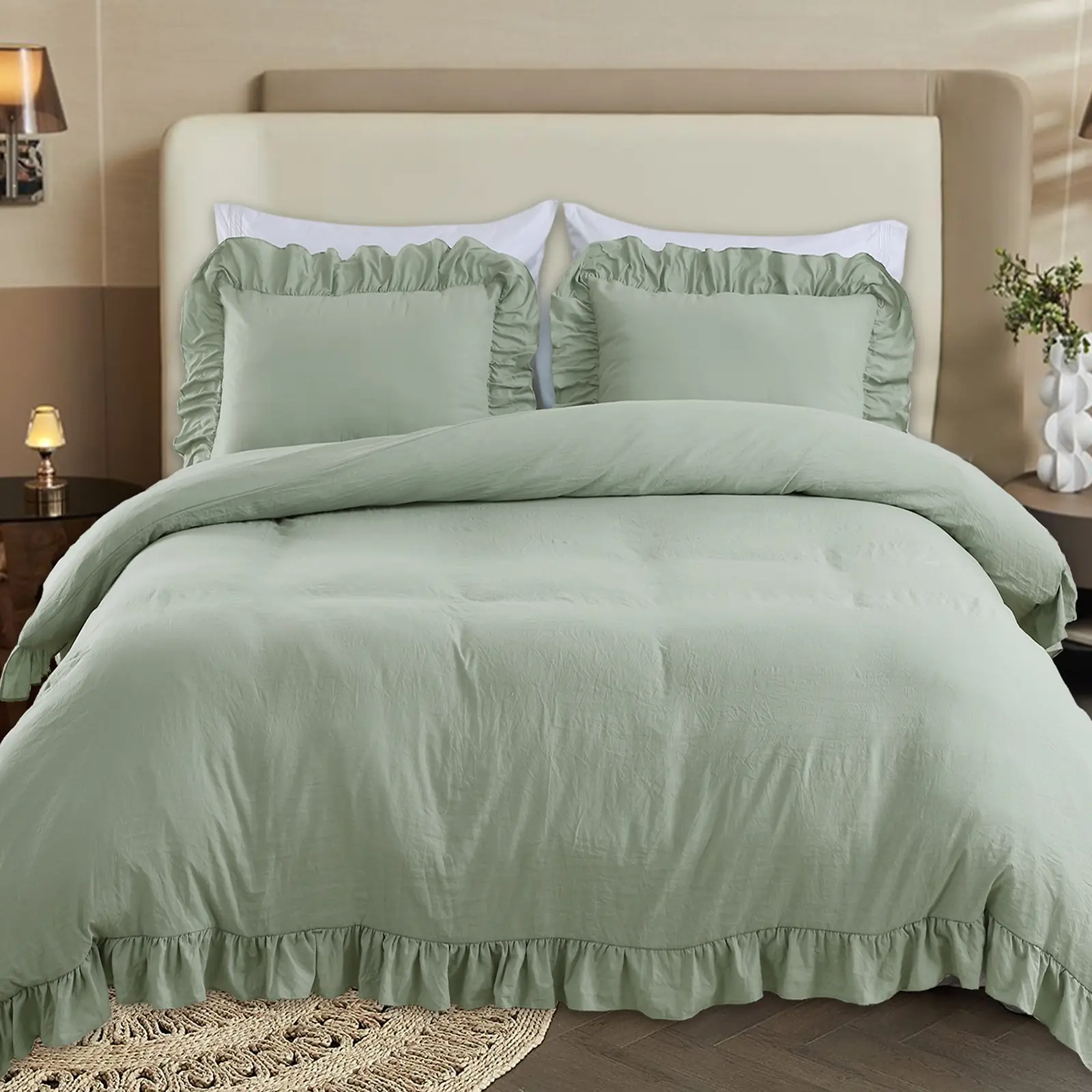 Vintage French Country Ruffled Edges Duvet Cover Set - 3-Piece (1 Duvet Cover, 2/1 Pillowcases), Soft Microfiber, Shabby Chic Farmhouse Bedding, Breathable, Durable, Fade-Resist Wash, Ideal for Room Decor, Bedroom Inspo, Aesthetic Home Decor