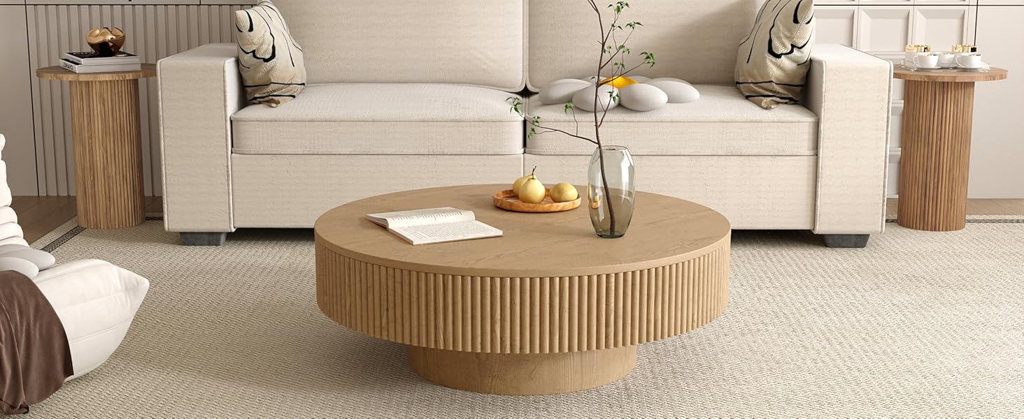 Apicizon 31.5'' Round Fluted Coffee Table, Mordern Wood Coffee Table for Living Room, Boho Drum Table for Small Space, Circle SideTable, Nesting End Table for Apartment, Easy Assembly
