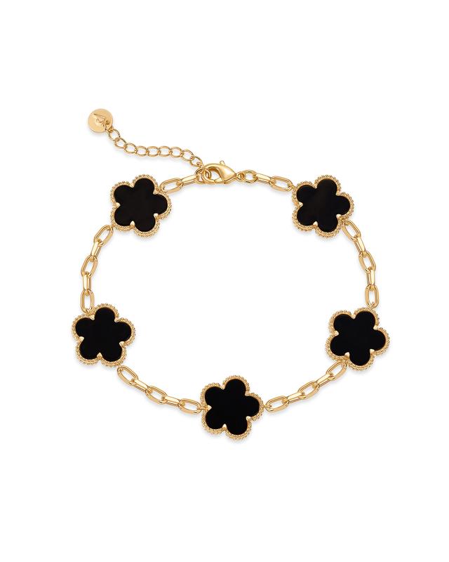 PAVOI 14K Gold Plated Clover Bracelets for Women - Flower Four Leaf Clover Bracelet - Mother of Pearl & Onyx Gemstone Lucky Flower Design - Adjustable Trendy Jewelry Gifts