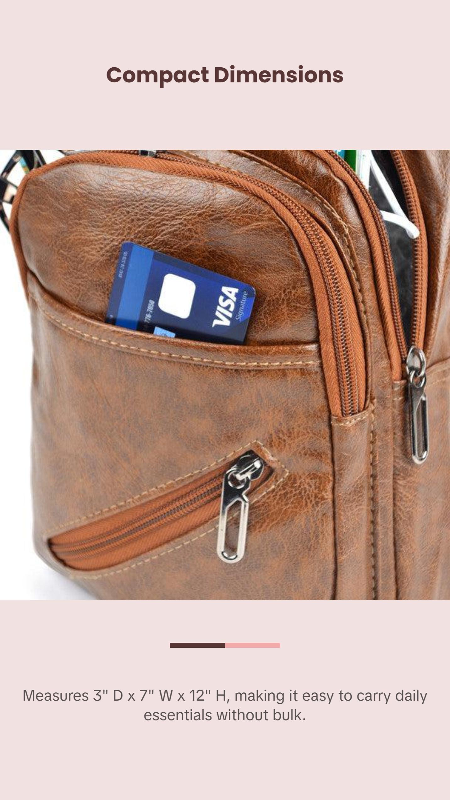 Brown Vegan Leather Crossbody Sling Bag - Multi-Pocket, Hands-Free Earphone Hole Brown Vegan Leather Crossbody Sling Bag - Multi-Pocket, Hands-Free Earphone Hole