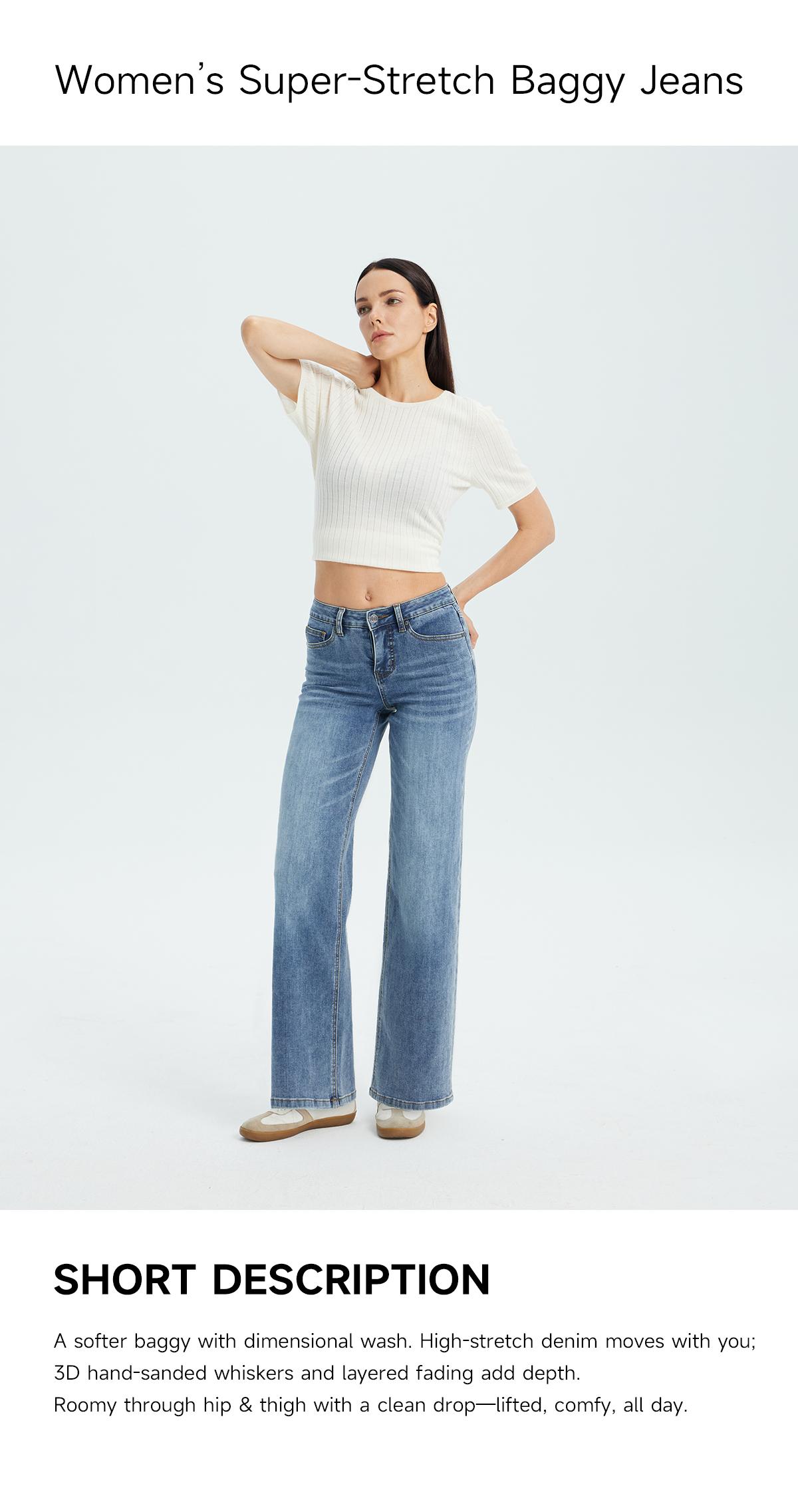 BLEU Women's Mid Waist Wide Leg Jeans Super Stretch Denim Vintage Washed Comfortable Fit Machine Washable Casual Wear