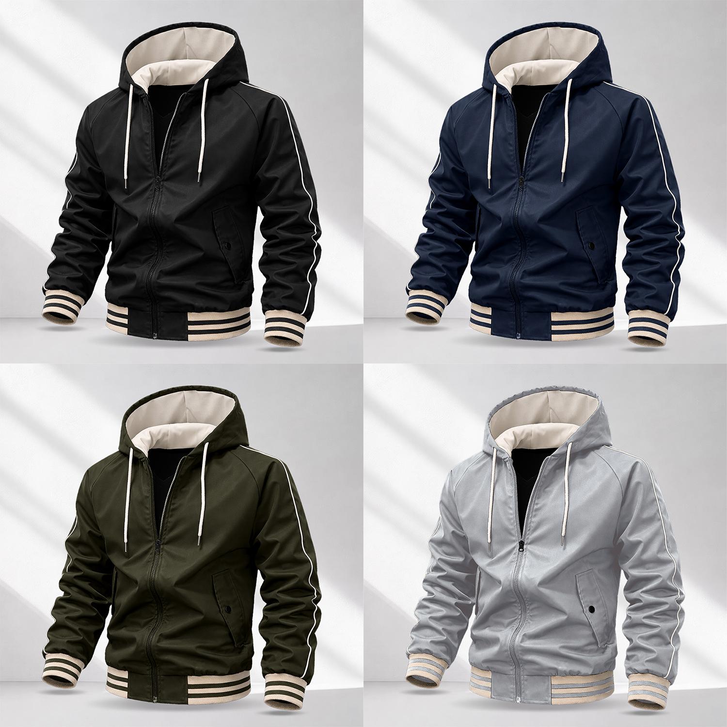 Men’s Patchwork Zip-Up Hooded Jacket – Lightweight windproof casual jacket with a soft, smooth street style, featuring contrast striped cuffs, suitable for everyday wear and outdoor commuting Casual