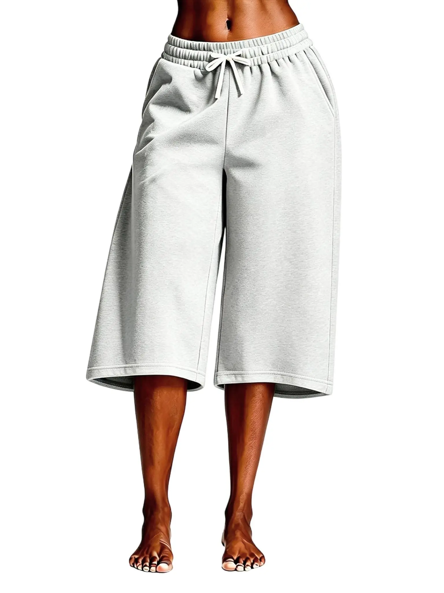 Women's Plus Size Wide-Leg Capri Sweatpants - Soft Cotton Blend Loungewear with Drawstring, Side Pockets, All-Season Comfy Casual Bottoms, Everyday