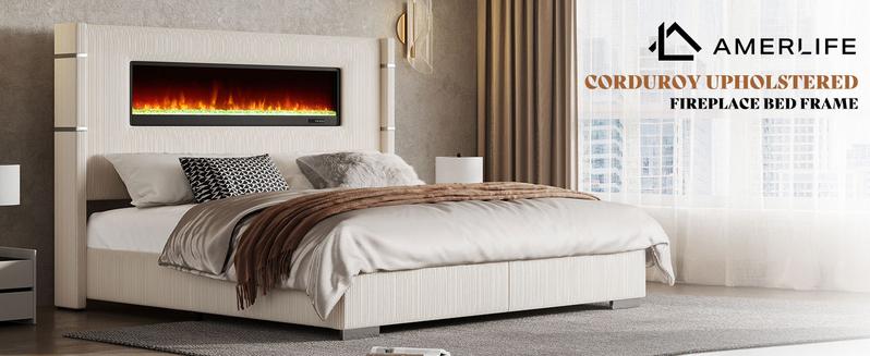 【Ships in 2 Boxes】AMERLIFE Modern Bed Frame with Fireplace, Wingback Platform Bed with 60.4“ Extra Tall Headboard, Corduroy Upholstered Bed Wooden Slats/No Box Spring Needed