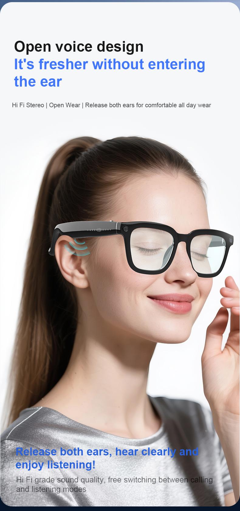 Smart Bluetooth Glasses with Camera, 1080p Video Recording Wearable Glasses, Multifunctional Wireless Audio Glasses with Headphone, Outdoor Sports Camera Sunglasses with Intelligent Voice Assistant, Anti-blue Light Protection Eyeglass fathersdaygift
