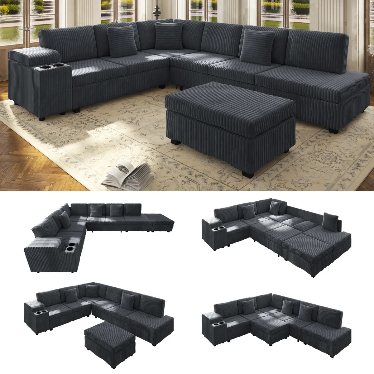 Aobtkel 110.2" L-Shaped Sectional Sleeper Sofa - Modern Upholstered Convertible Sectional Couch with Removable Ottoman, Hidden Armrest Storage, USB Ports, Cup Holders, Plush Corduroy Fabric, Multiple Seats, Corner Config, Apartment Living Room Furniture,