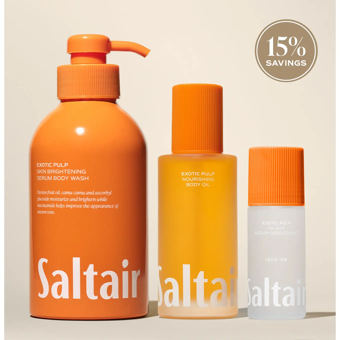 Saltair Exotic Pulp Essentials Set - Serum Body Wash (17 fl oz), Nourishing Body Oil (4 fl oz) & AHA Serum Roll-On Deodorant (1.7 fl oz) Bundle for Soft, Glowing Skin - Juicy Orange, Guava, Driftwood