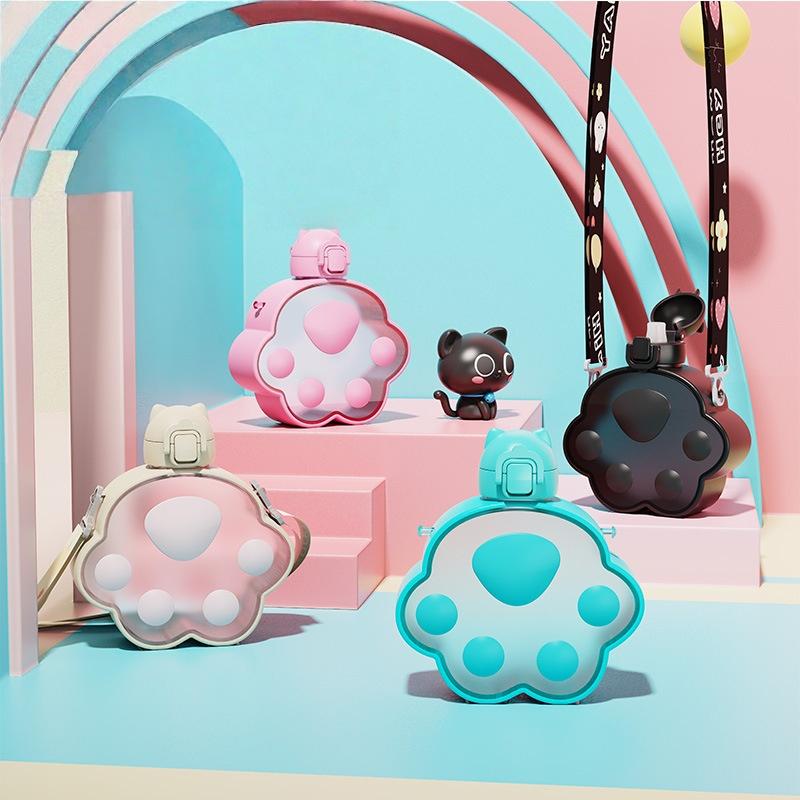 400ml Cute Cat Paw Straw Water Bottle with Strap and Lanyard Portable Plastic Drinking Cup