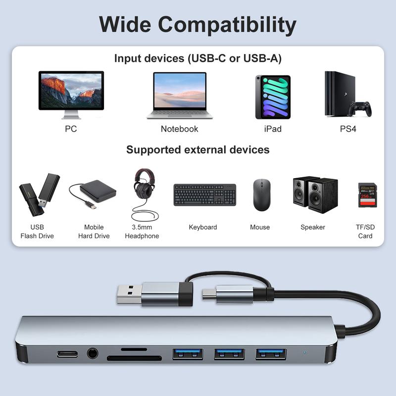 USB C Hub 8-in-1 Multiport Adapter USB Extender with 4 USB Ports, TF/SD Card Reader, 3.5mm Audio Jack & USB C Port, Dual USB-A/C Input for MacBook/iPad/PC/Laptops, Computer Accessories