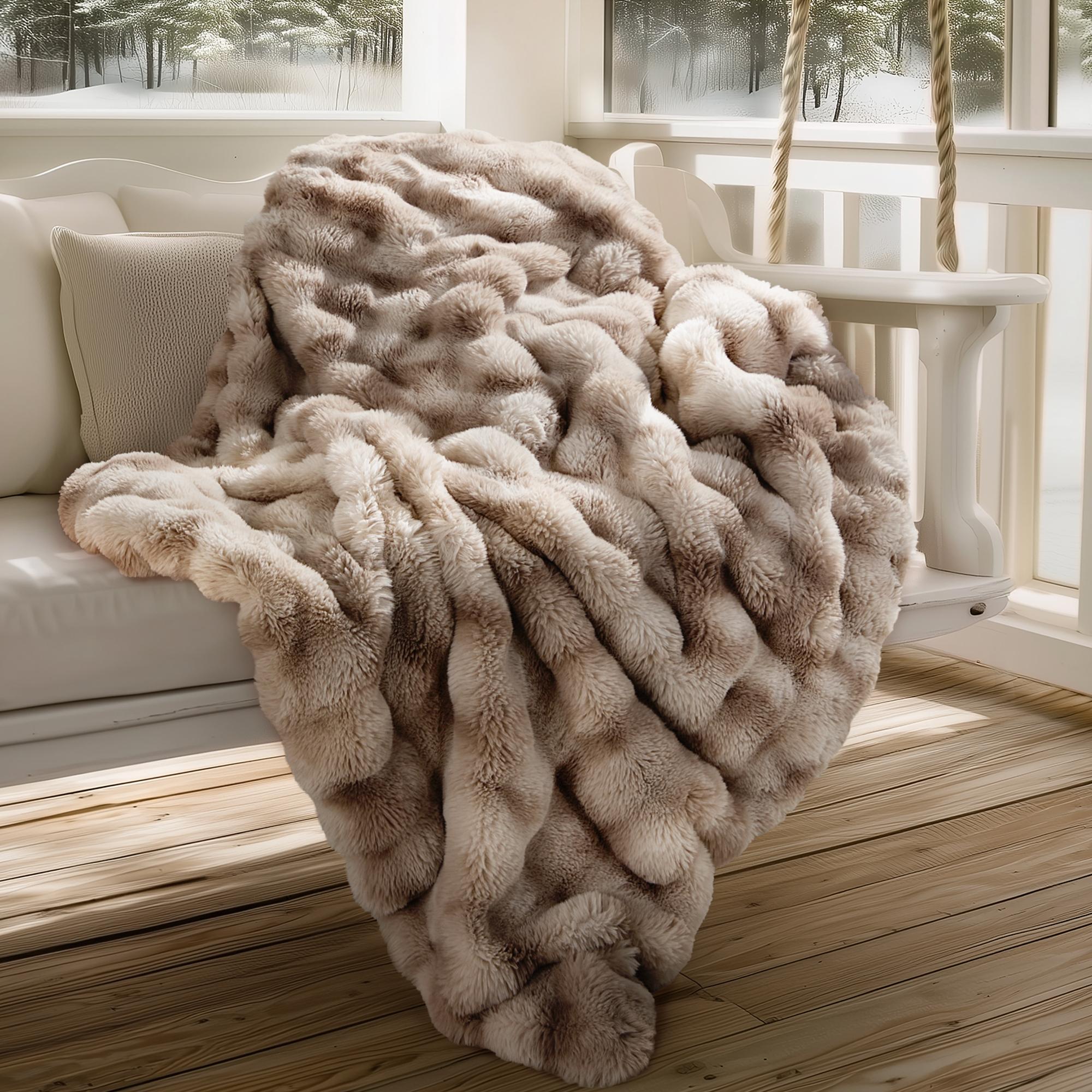 Faux Rabbit Fur Throw Blanket, Ultra Soft Fluffy Warm Decorative Blanket for Couch Sofa Bed, All-Season Cozy Blanket, Light Taupe