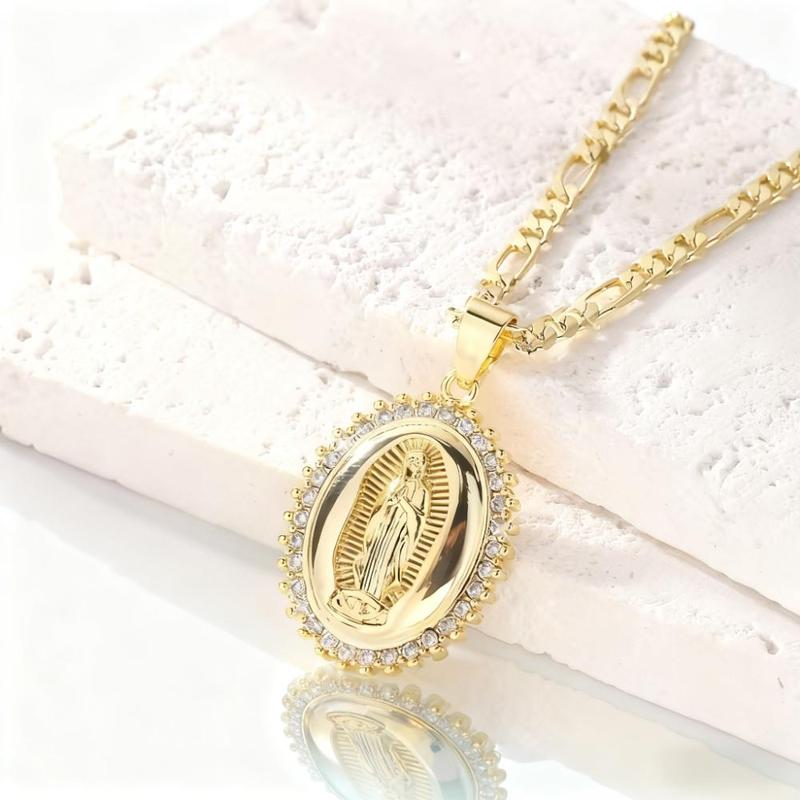 14K Gold Plated Virgin of Guadalupe Pendant Necklace with Durable Cubic Zirconia for Daily Wear Parties and Special Occasions