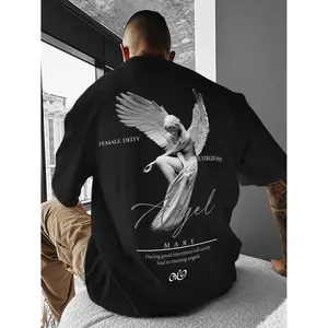 Geometric Print Angel Graphic T-Shirt Loose Fit Polyester Blend Summer Casual Wear With Textured Black Design