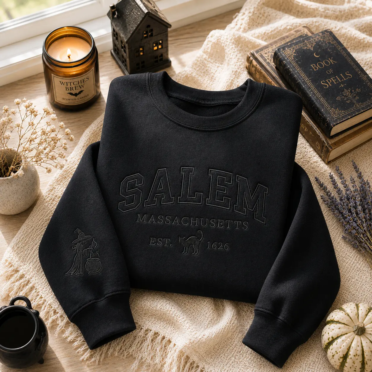 Salem Massachusetts Embroidered Tone-On-Tone Sweatshirt, Witch On Sleeve Shirt, Spooky Season Tee, Halloween Gifts