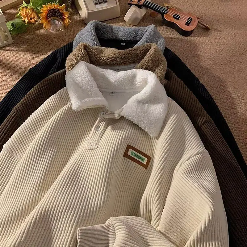 Men's Stylish Corduroy Polo Collar Sweater - Button-Front, Loose-Fit, Soft Textured Fabric, Plus-Velvet Lamb Wool Thickened Long-Sleeve, Autumn-Winter Couple-Style, Minimalist Plain Classic Chic Athletic Basic Menswear Top