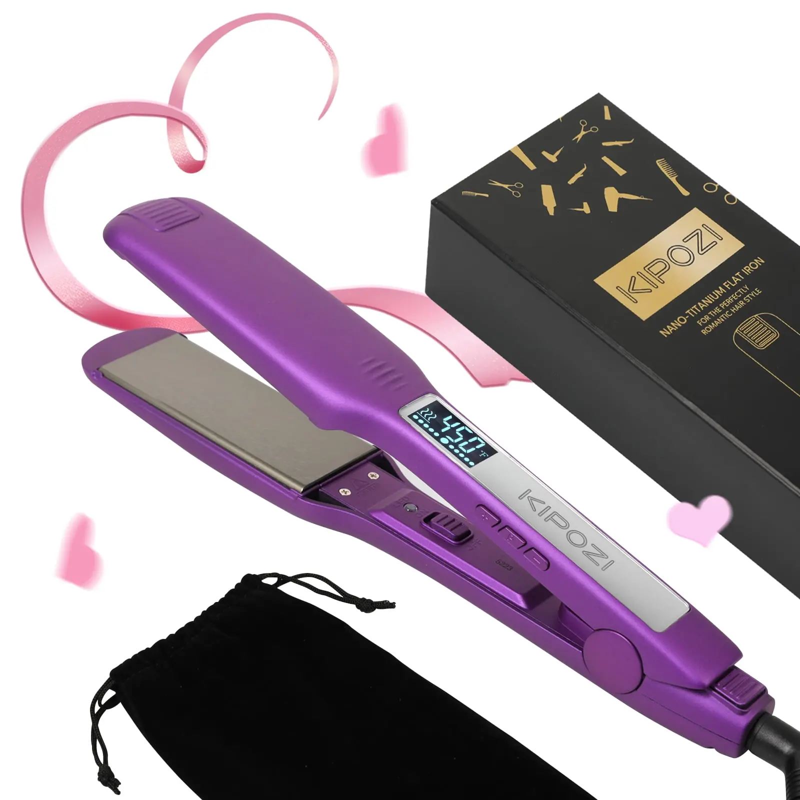 Titanium Plate Hair Straightener - 1.75" Wide Plates, Negative Ion Flat Iron for Frizz-Free Silky Straight Hair, 170-450°F Adjustable Temp, LCD Display, Dual Voltage Beauty Tool with Handle, Durable, Plug