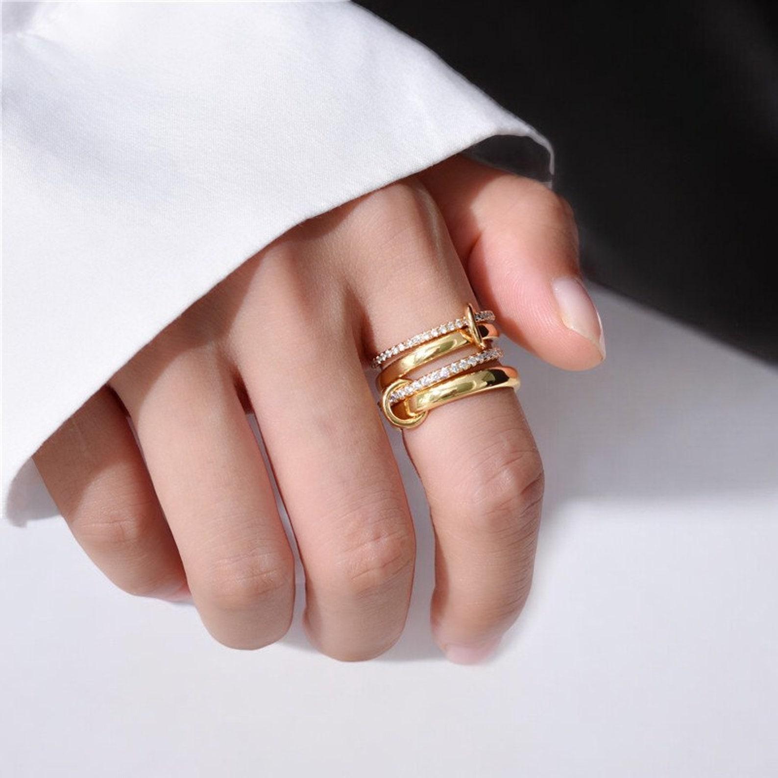 Tewiky Gold  Interlocked Stackable Rings for Women - Statement Multi Ring Mixed Metals Stack - Cubic Zirconia Two-Toned Stacking Jewelry