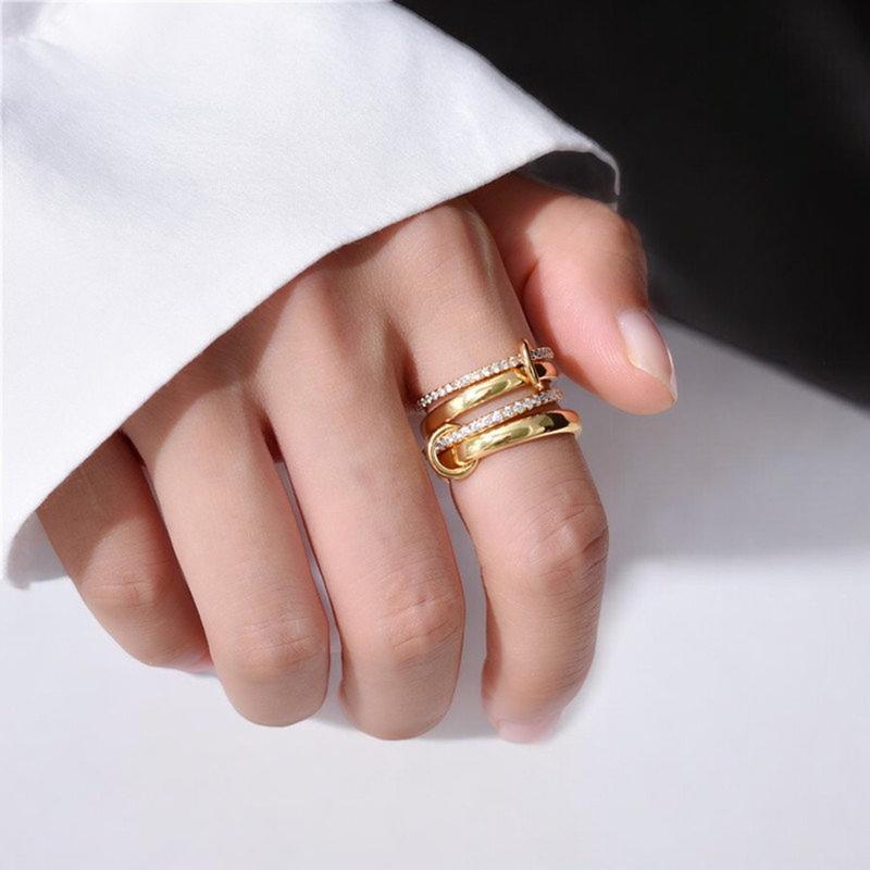 Tewiky Gold  Interlocked Stackable Rings for Women - Statement Multi Ring Mixed Metals Stack - Cubic Zirconia Two-Toned Stacking Jewelry