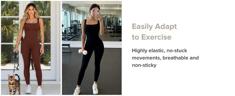 BRXL Built-in Bra Jumpsuit Stretch Sportswear Stylish Sportswear Women's Square Neck Ribbed Sleeveless Seamless Jumpsuit with Tummy Control Suitable for Casual Wear Fitness Yoga -1