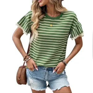 Shewin 2026 Spring/Summer Women's Casual Striped Ruffle Sleeve Top - Round Neck Loose Fit Cotton Ribbed Knit T-Shirt with Lace Trimmed Flounce Sleeves for Daily Wear SpringStatements