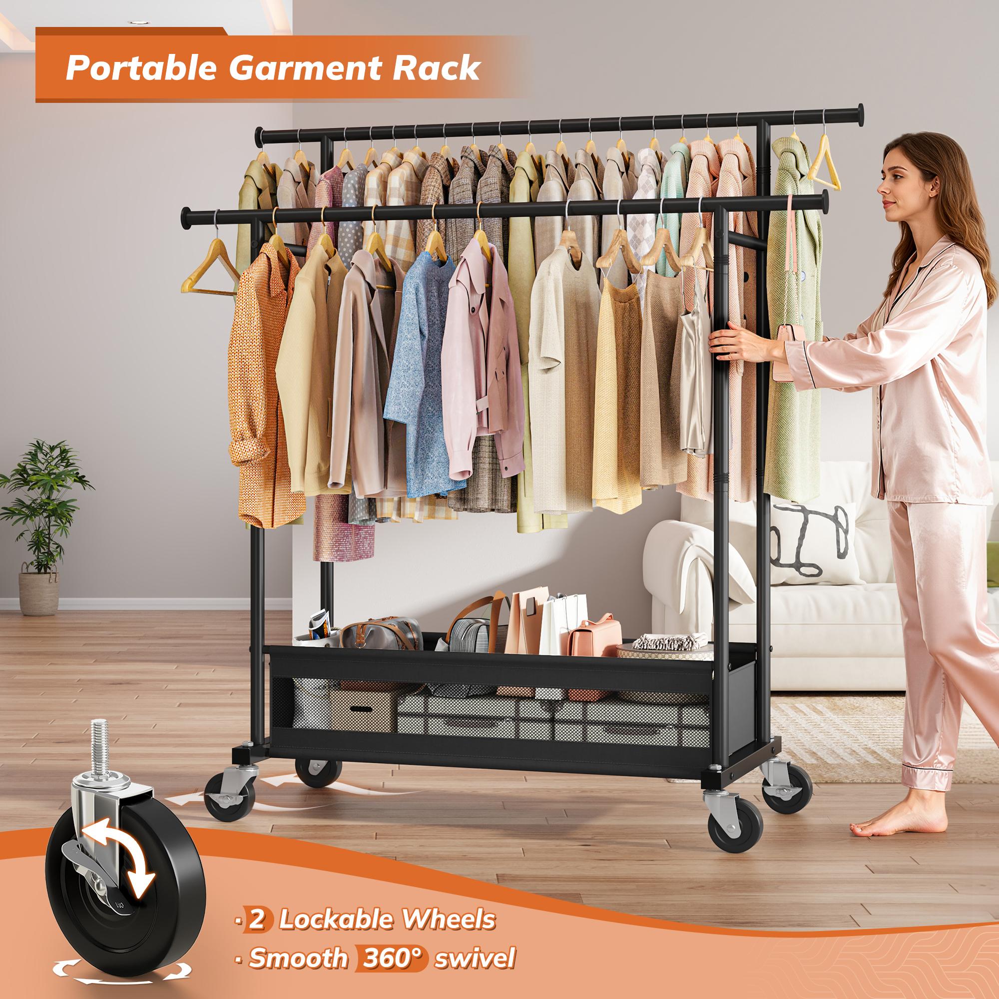 Raybee Clothing Rack with Shelves &Double Hanging Rods, Portable Clothes Rack with Wheels Rolling Garment Rack,  HangingClothing racks Holds Up to 245LBS, Metal Closet Rack, Clothes Organizer Solutions 43.3"Wx22"Dx70.3"H