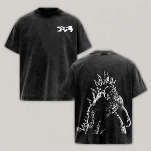 Casual Washed Black Godzilla Monster Printed T-shirt, Unisex Crew Neck Short Sleeve, Double-sided Print, Daily Outdoor Streetwear Top for Fashion Daily Outfits 1DS