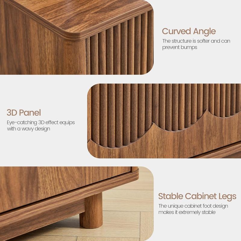 Giratree 62.2" Mid-Century Modern TV Stand, Curved Wooden Media Console with Slatted Storage Doors for 50–70 Inch TVs