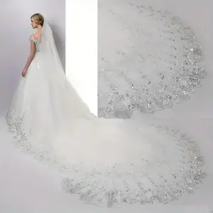 Elegant 4m+1.7m Long Bridal Wedding Veil with Sequin Lace Detail Luxurious Polyester HandWashable Fits Women 1.7+