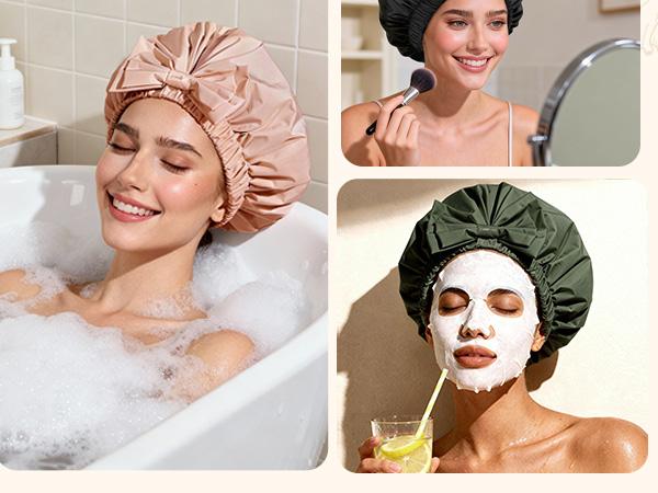 Yanibest Shower Cap Reusable Waterproof,Wide Elastic Band Bath Cap-Comfortable & Durable Bath Hair Hat for Women