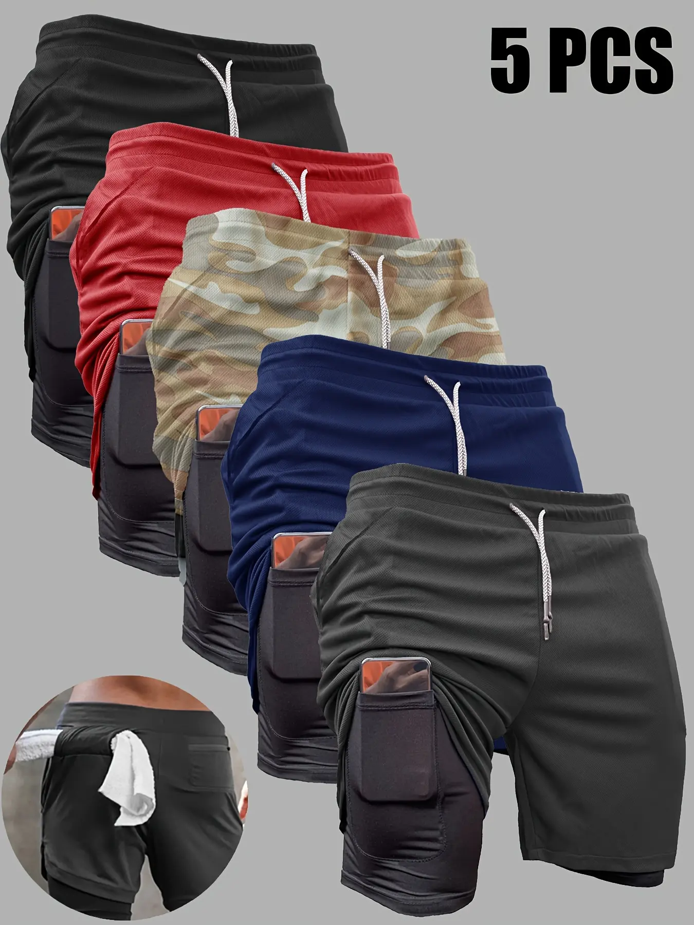 Men’s summer 5-piece shorts set — outdoor sports beach shorts, 2-in-1 quick-dry double-layer shorts, casual athletic stretch bermuda shorts,clothes for back to school,first day of school outfits