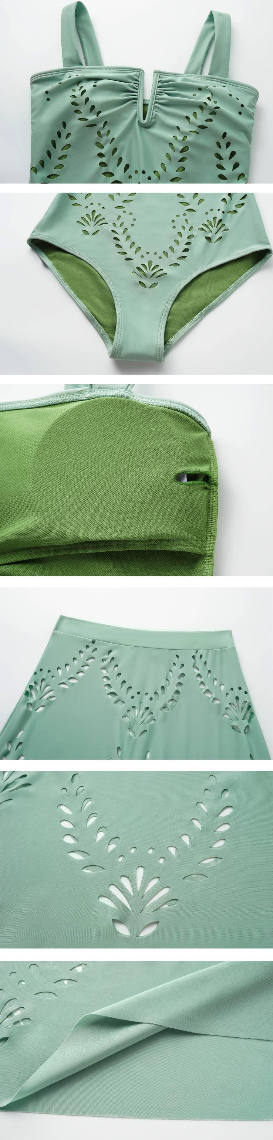 FLAXMAKER Women's Green Laser Cut V Neck One Piece Swimsuit and Skirt Set Swimdress Beachwear Stylish Bathing Suit Beachwear #TikTokShopBlackFriday