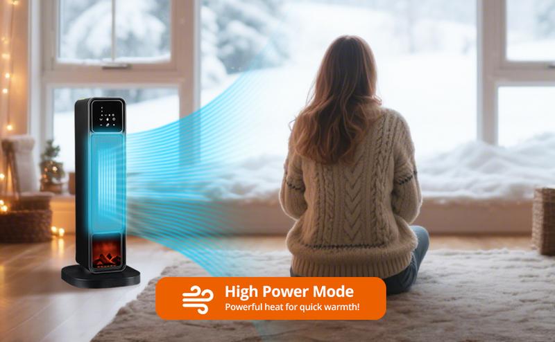 Space Heaters for Indoor Use 1500W PTC Electric Fireplace Heater with 90° Oscillation Child Lock Tip-over Protection Eco Mode 12h Timer Remote Control 3D Flame Effect Home & Office Heating System