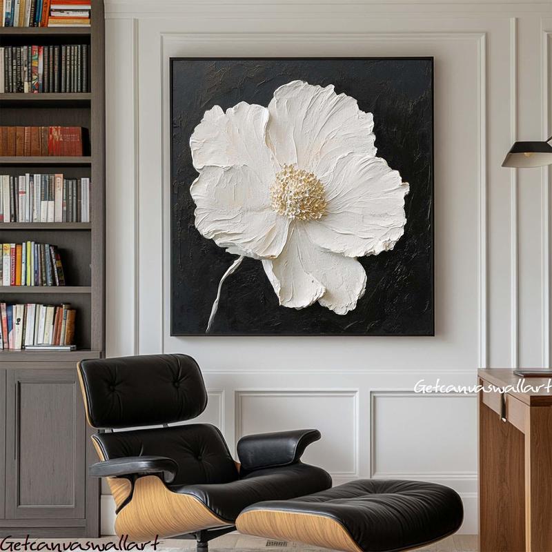 [Unframed] Black & White Impasto Flower Painting Large Minimalist Textured Floral Wall Art Print Modern Wall Decor