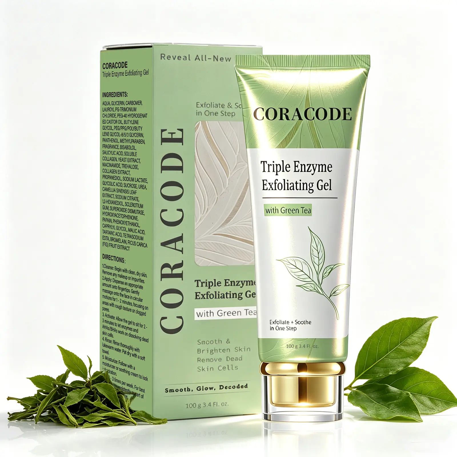 Coracode Green Tea Exfoliating Peeling Gel, Gentle Resurfacing Peel for Radiant Skin with Hyaluronic Acid for All Skin Types, Face Beauty Products, 100ml, Exfoliate, Removes Dead Skin