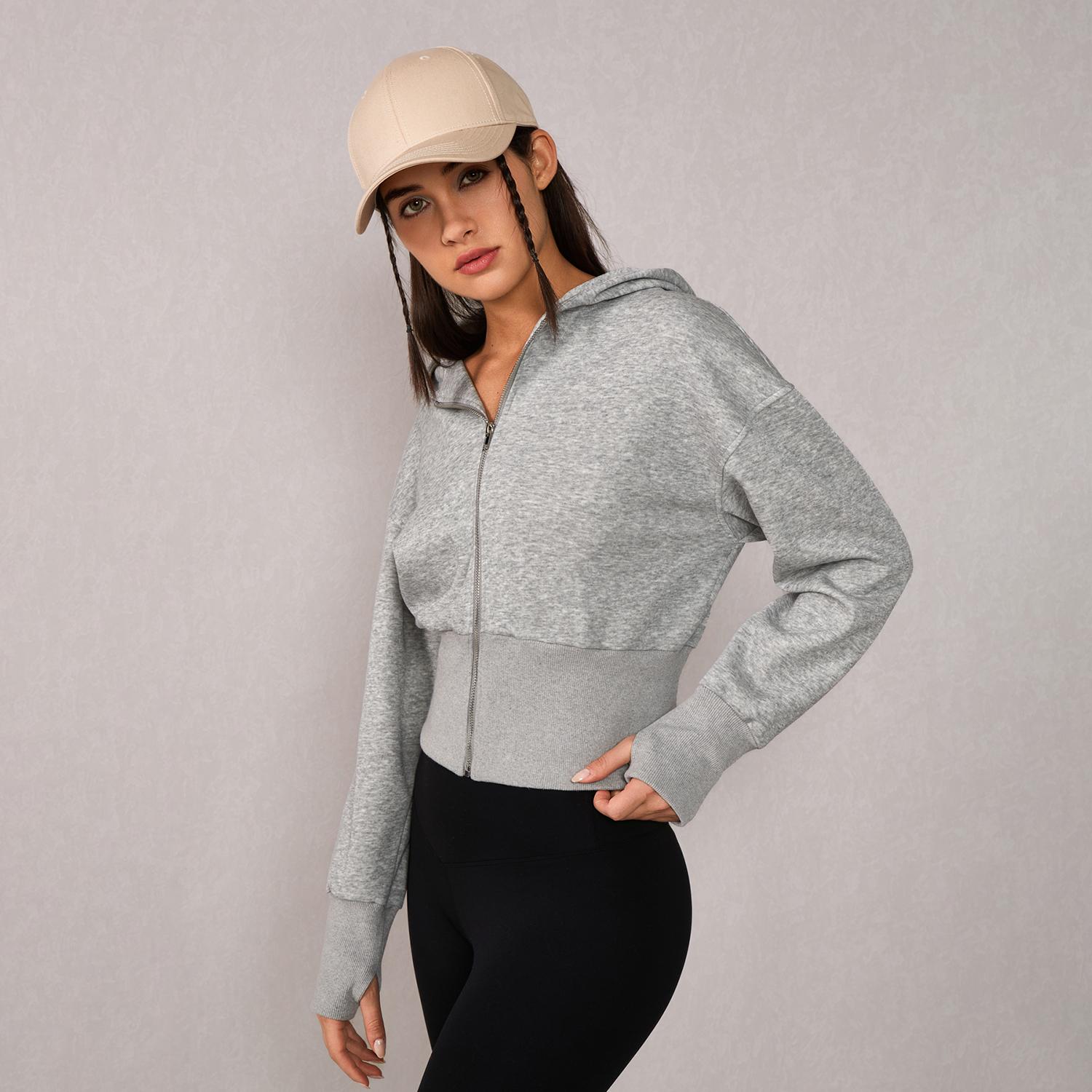TIMEOFF Women's Cropped Hooded Zip-Up Long Sleeve Gym Jacket - Cozy Fitness Outerwear, Sportswear for Casual Daily Use, Athletic Zip-Up Jackets