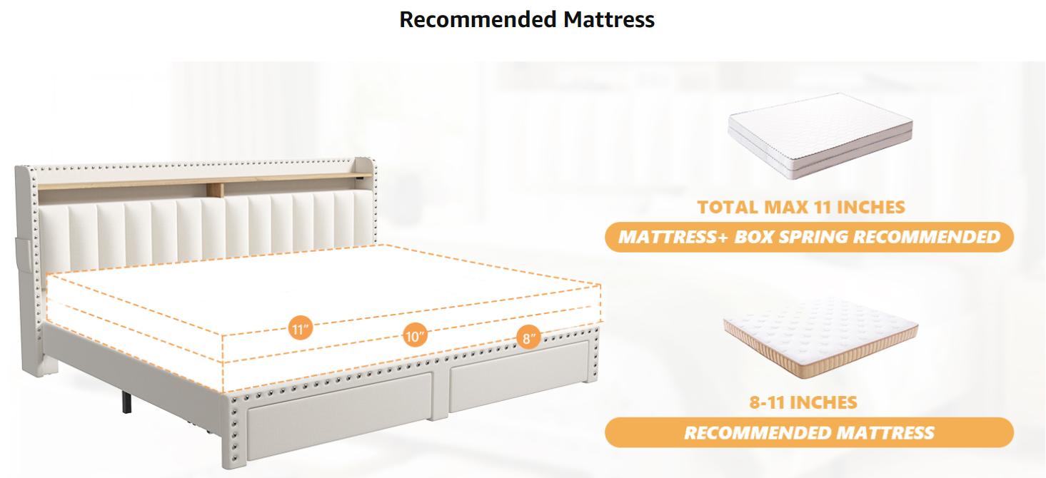 RaybeeFurniture Bed frame for Queen Bed Frame with Headboard&Storage,NO MATTRESS,  Luxury Upholstered Bed Frame with Storage, 2 Drawers & Shelf on Headboard, NO Noise, KING, FULL, Twin, Mother's Day Gifts