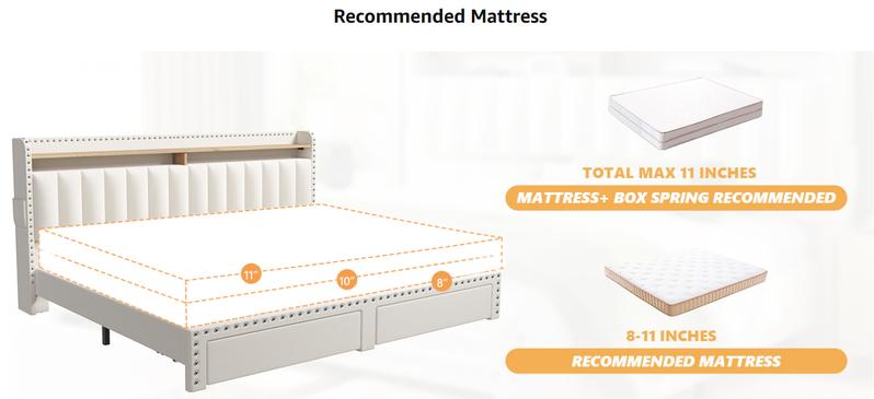 RaybeeFurniture Bed frame for Queen Bed Frame with Headboard&Storage,NO MATTRESS,  Luxury Upholstered Bed Frame with Storage, 2 Drawers & Shelf on Headboard, NO Noise, KING, FULL, Twin, Mother's Day Gifts