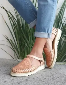 Women's Mexican leather Huaraches flat sandals, model 040, hand-woven style with adjustable ankle strap, genuine leather upper, comfortable, ethically made in Mexico, closed toe.