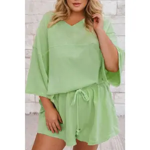 Meadow Mist Green Plus Size V Neck Drop Shoulder Tee Loose Shorts Set
