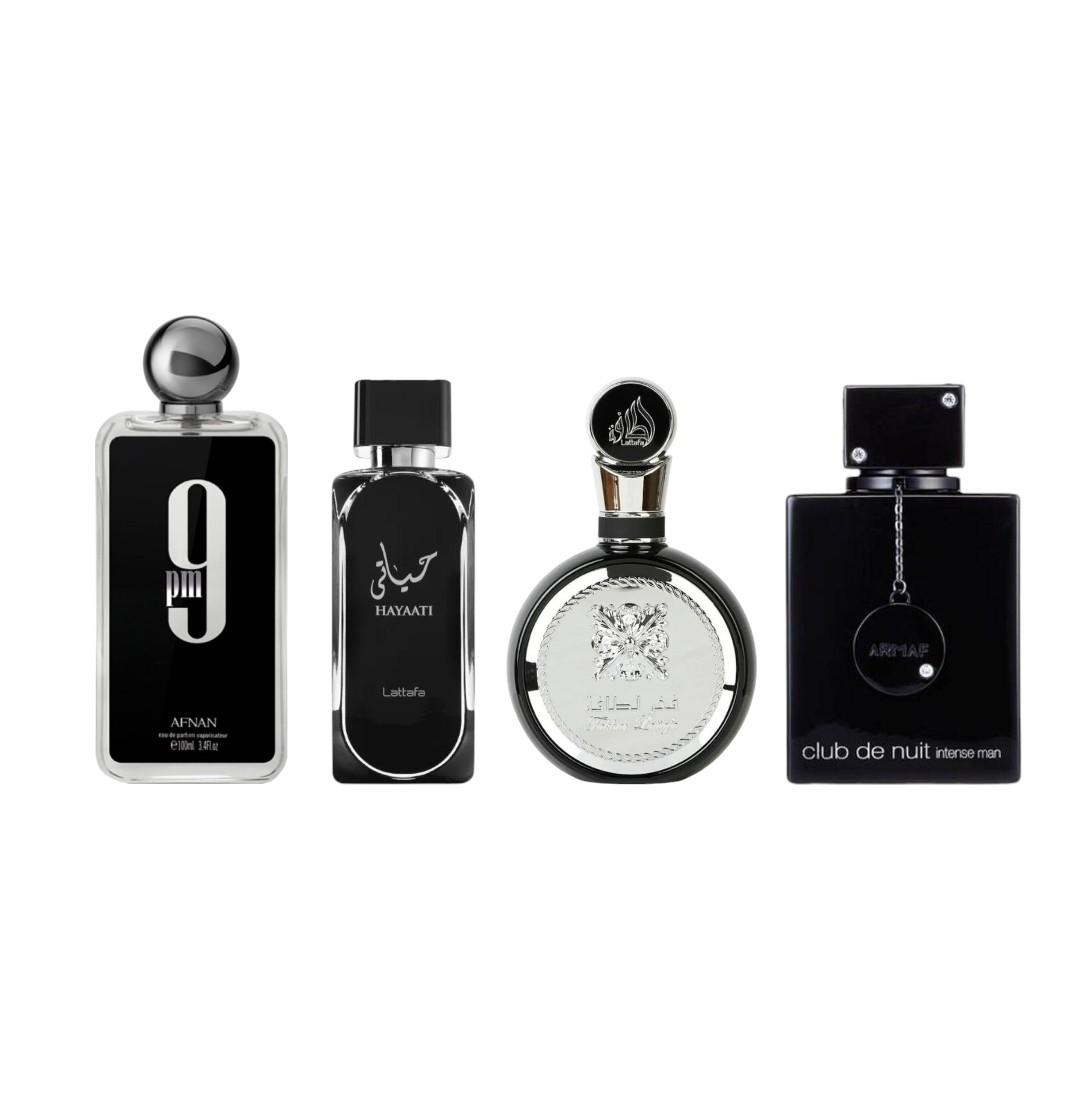 Lattafa | Afnan | Armaf Perfumes | 9 PM + Hayaati + Fakhar + Club de Nuit Black Bundle | 3.4 - 3.6 oz | 4-Pack Bundle | Wild Lavender - Juniper Berries & Ambergris Notes