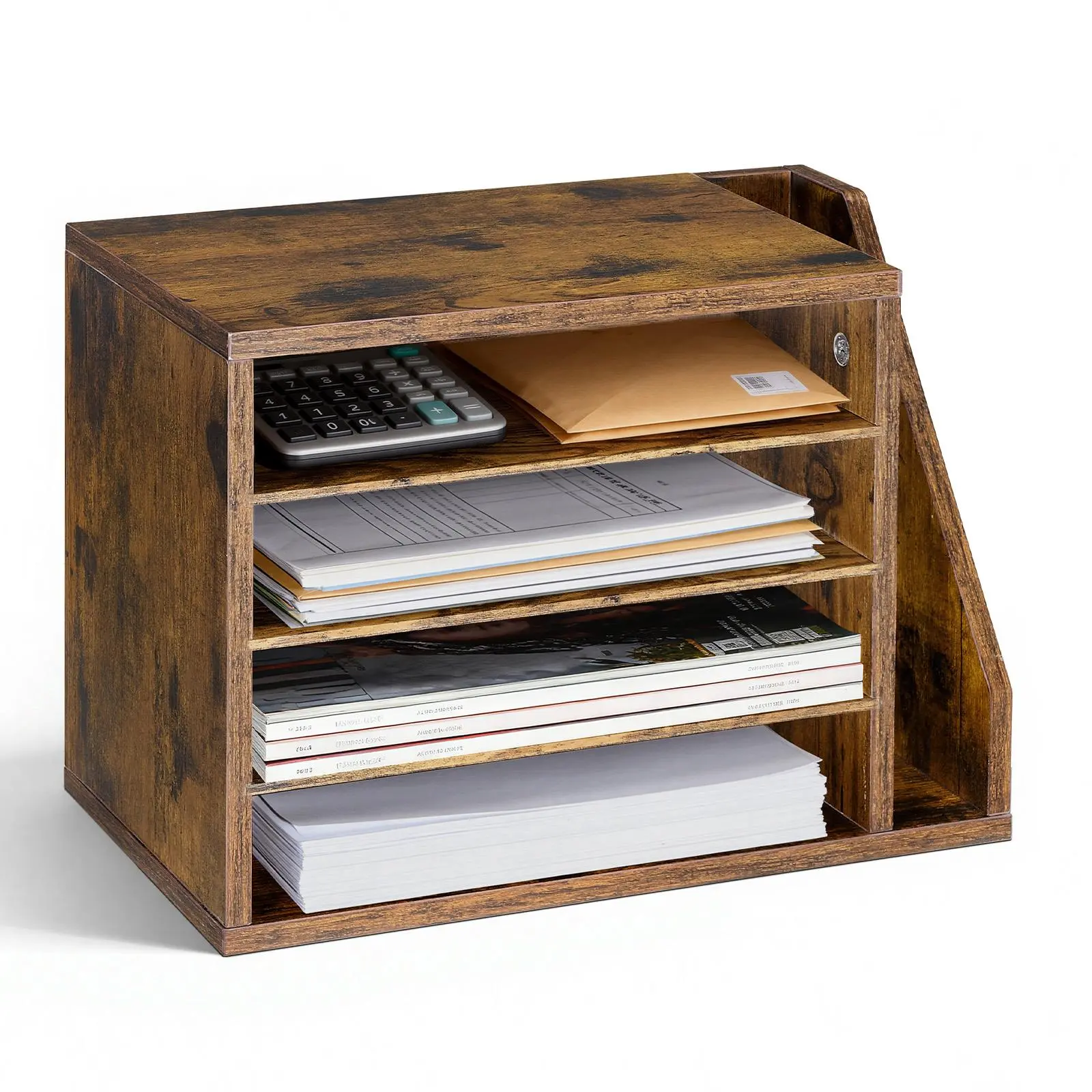 【Summerfinds】VEVOR Brown MDF Wood Desk Literature Organizer - 4 Visible Compartments, Built-in Side Holder, Detachable Shelf, Space-Saving Office Accessories for Office Workers, Desk Accessories