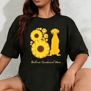 100% Cotton Unisex Sunflower Dog Mom - Reds Redbone Coonhound Men Women T-Shirt
